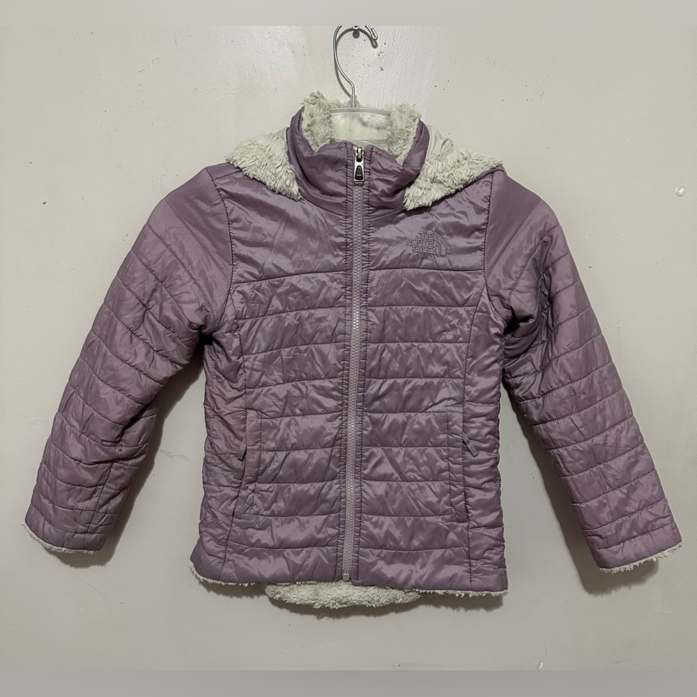 The North Face Purple Puffer Jacket with Quilted Design and High Collar